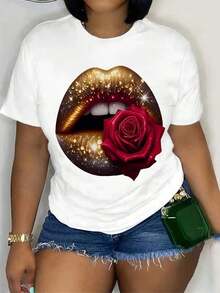 Lip Print T-Shirt, Short Sleeve, Round Neck, Casual Top, Summer And Spring, Women's Clothing, Women's T-Shirts - 白色 - 查看 1