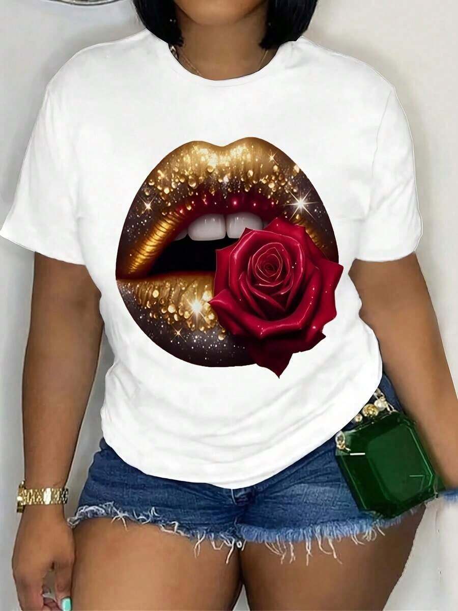 Lip Print T-Shirt, Short Sleeve, Round Neck, Casual Top, Summer And Spring, Women's Clothing, Women's T-Shirts - 白色 - 查看 1