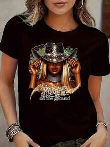 Women's Clothing Short Sleeve T-Shirt For Women With Girl Print Wearing Cowboy Hat And Boots On The Ground, Country Western Style, Casual Wear For Summer And Autumn, Everyday Outfits, Women's Shirts - 黑色 - 查看 2