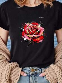 Limited Time Offer, Limited Quantity Available, Flash , Women's Shirts, Women's T-Shirts. Women's Oversized White T-Shirt, Short Sleeve Round Neck, Red Rose Graffiti Print With Gold Details, Casual Artistic Urban Style For Everyday Wear - 黑色 - 查看 1