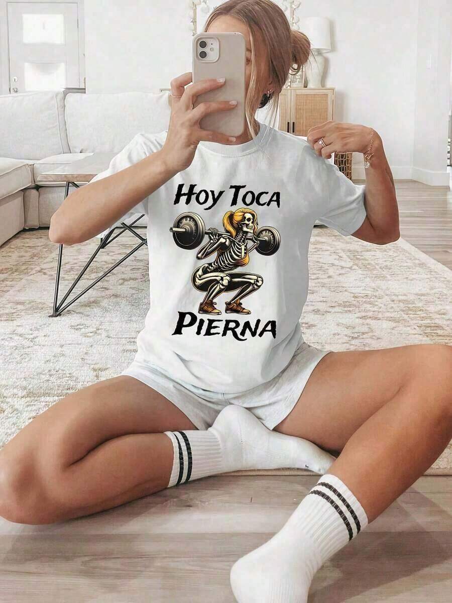 TrendyWomen Women's Casual Fitness Graphic T-Shirt - Weightlifting Design With Skeleton "Leg Day" - Short Sleeve Spring/Summer T-Shirt, Comfortable And Stylish Activewear, Gym T-Shirts, Fashionable Summer Top, Fun Design Top, Durable Print T-Shirt For Everyday Wear - 白色 - 查看 1