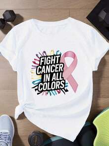 Women's Plus Size Short Sleeve Sports T-Shirt With Cancer Flag - 白色 - 查看 7