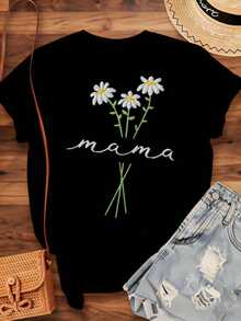 Camiseta Bordada con Diseño de Flores para Mujer, Regalo para el Día de la Madre, Talla Grande, con Diseño de Margaritas, 220g - Estilo Vintage Urbano, Unisex, Holgada, de Algodón, Manga Corta, Cuello Redondo, 100% Algodón - Negro - Ver 4