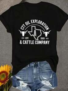 Men's T-Shirt Women's T-Shirt Ctt Oil Exploration & Cattle Company Est. 2026 Texas Map Cattle | Comfortable And Soft, Crew Neck, Regular Fit, All Seasons, Short Sleeve, Casual Style. - 黑色 - 查看 6