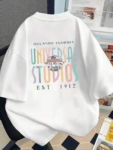 New Men's 180g Heavyweight T-Shirt, % Cotton, With  Theme Park Design, Modern Men's T-Shirt, Unique And Versatile, Popular New Style Of Men's Clothing, A Must-Have T-Shirt For Men With Front And Back Panels - Suitable For Layering In Spring And Autumn Or Alone In Summer, Unisex. - 白色 - 查看 2