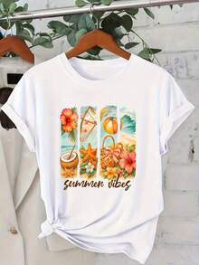 Women's Short Sleeve T-Shirt "Summer Vibes", Tropical And Casual Style, Round Neck, Vintage Print, Ideal For Everyday, Sporty And Elegant - 白色 - 查看 1