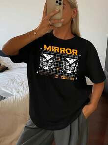 Men's T-Shirt, Women's 180 G/M² T-Shirt, 100% Cotton - Geometric And Black Mirror Print, Urban Style With Lettering - Round Neck, Short Sleeve, Casual T-Shirt For Summer, Autumn And Casual Outfits - Hip-Hop Style Graphic T-Shirt For All Seasons - 黑色 - 查看 6