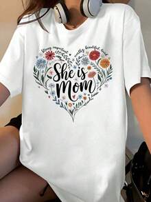 Women's Floral Design T-Shirt "She Is Mom", Mother's Day Gift, Cute, Important, Precious And Loved T-Shirt, Casual Wear - 白色 - 查看 7