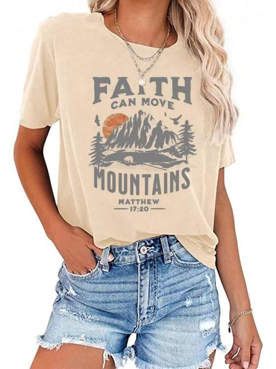 1Piece Fashion Casual For Men And Women Sun And Mountain Shirt For Women Camping Hiking Shirt Pine Tree Graphic Tee Nature Casual Short Sleeve Shirt Versatile, Easy To Match, Suitable For Daily Wear, Urban Style, Holiday Outfits, Weekend Outfits. - 杏色 - 查看 1