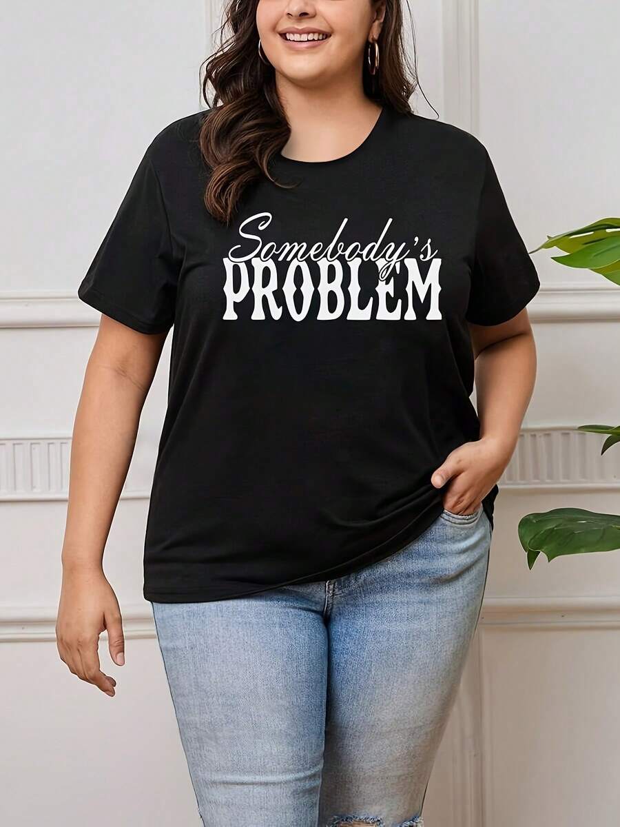 Comfortable, Loose-Fitting Casual T-Shirt With A Letter Print, Ideal For Work, Outings, And Lounging At Home. Plus-Size Women's Spring/Summer T-Shirt. - 黑色 - 查看 1