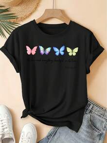 Soft Women's Short Sleeve T-Shirt, Round Neck, Bible Verse And Butterfly Print, Distressed Vintage Style, Casual Top, Soft Knit Fabric, High-Quality Women's Clothing, New Spring/Summer Collection. | Fun And Original Design | Suitable For Everyday Wear In Spring, Summer, And Autumn. | Fun And Youthful Top, Elegant Blouses For Ladies. - 黑色 - 查看 1