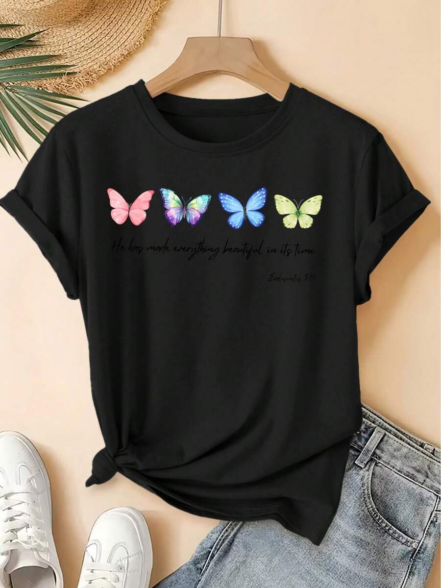 Soft Women's Short Sleeve T-Shirt, Round Neck, Bible Verse And Butterfly Print, Distressed Vintage Style, Casual Top, Soft Knit Fabric, High-Quality Women's Clothing, New Spring/Summer Collection. | Fun And Original Design | Suitable For Everyday Wear In Spring, Summer, And Autumn. | Fun And Youthful Top, Elegant Blouses For Ladies. - 黑色 - 查看 1