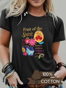 Women's Round Neck T-Shirt With Anime Letter Print, Simple Design, Comfortable And Breathable, Suitable For Casual Daily Wear, Showing A Natural And Elegant Style, A Must-Have For Summer Parties, Local Shipping, Gold Text Fruit Of Spirit Strawberry Pink - Unisex Loose Cotton Short Sleeve Round Neck T-Shirt, Urban Vintage Style. - 黑色 - 查看 1