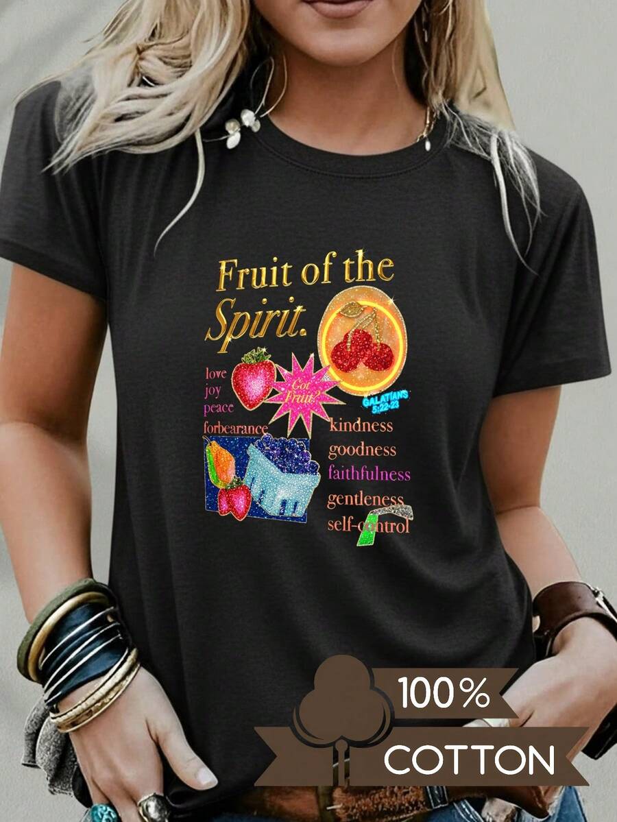 Women's Round Neck T-Shirt With Anime Letter Print, Simple Design, Comfortable And Breathable, Suitable For Casual Daily Wear, Showing A Natural And Elegant Style, A Must-Have For Summer Parties, Local Shipping, Gold Text Fruit Of Spirit Strawberry Pink - Unisex Loose Cotton Short Sleeve Round Neck T-Shirt, Urban Vintage Style. - 黑色 - 查看 1