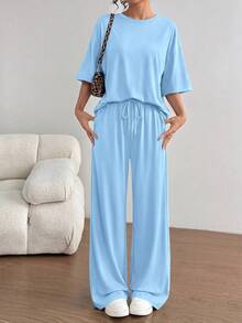 PRETTYGARDEN Women's Summer Clothes 2 Piece Sets Lounge For Short Sleeve Matching Airport Travel Outfits Casual Light Blue Vacation Summer Brunch Outfits For Women Mothers Day Outfit - 淺藍色 - 查看 1