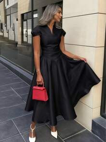 Summer Dresses For Womenvestidos Elegantes De MujerSolid Color Short Sleeves V-Neck Midi DressesLoose And Comfortabledresses For Womendresses For Women - 白色 - 查看 7