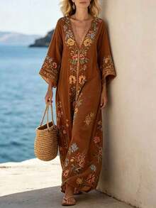 Holidaya Vestido largo y suelto con estampado floral, vestido casual de playa, vestido largo con estampado floral como cubierta, adecuado para vacaciones, viajes, playa, ocio al aire libre, vida diaria, compras, reuniones con amigos, viajes al sudeste asiático/islas, eventos temáticos, fiestas de verano al aire libre, picnics, atuendo ligero para vacaciones - Amarillo - Ver 11