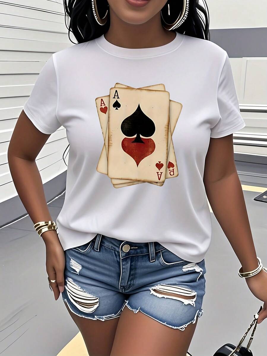 Poker Card Print T-Shirt, Short Sleeves And Round Neck, Women's Clothing, Retro Vintage Style, Versatile And Casual, Suitable For Everyday Wear, Parties, Dates, Birthday Gift. - 白色 - 查看 1