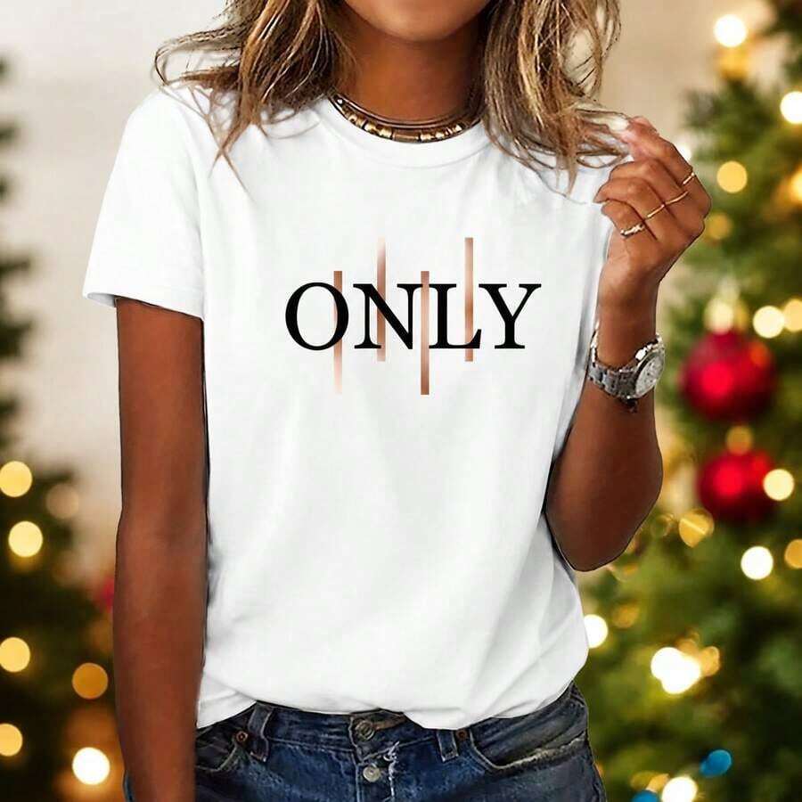 Women's T-Shirt With Artistic Letter Print - Stylish And Fashionable - Round Neck, Short Sleeve, Casual Sporty Style, Various Sizes, Multiple Colors Available, Soft - 白色 - 查看 1
