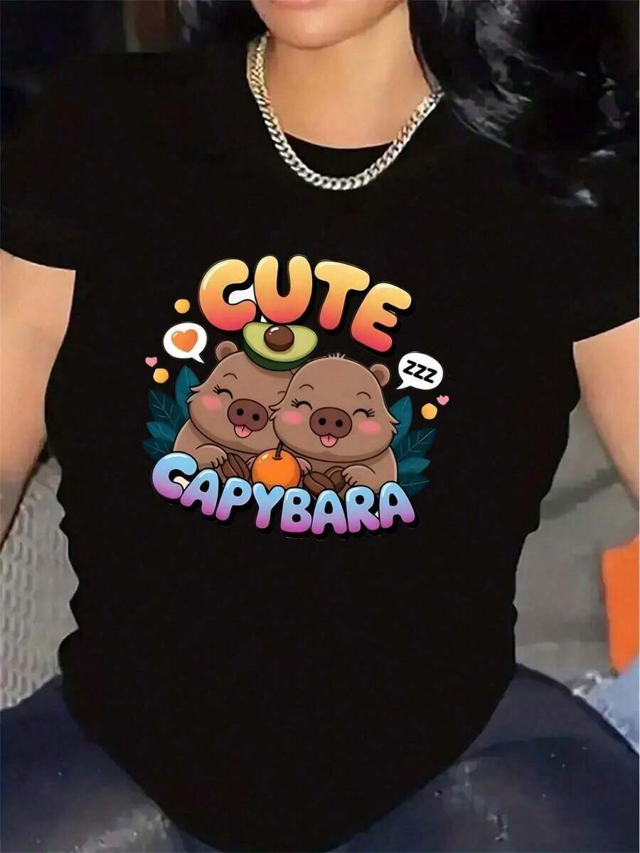 Wo's Short-Sleeved Capybara Print T-Shirt, Made From 100% Premium Cotton. Lightweight And Perfect For Casual Wear At Home Or In A Cafe, Featuring Fun Animal Designs And Bright Colors. Great Gift Idea. - Black - View 1
