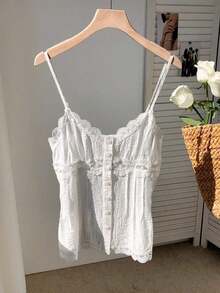 Top de Verano para Mujer con Diseño de Botones y Encaje en Color Sólido - Blanco - Ver 1