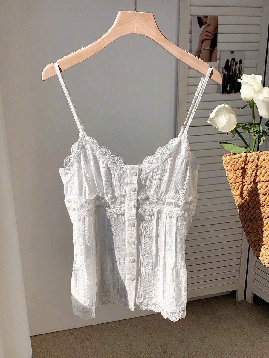 Top de Verano para Mujer con Diseño de Botones y Encaje en Color Sólido - Blanco - Ver 1