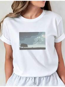 SuaveLatest Style Walking Lake Pattern Printed T-Shirt Casual Round Neck Base Shirt Short Sleeve T-Shirt For Spring And Summer Vacations Women'S New Women'S Clothing Machine Washable I01 Casual Crew Neck Top Comfortable Women'S WearcuteNew Arrival - 白色 - 查看 1