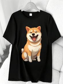 Dog Print T-Shirt. Short Sleeve, Round Neck, High-Elasticity Casual Sports Top. Machine Washable. Spring/Summer. Women's Clothing. Elegant Party Outfit, T-Shirt For Elegant Ladies, Blouses Suitable For Curvy Women, Casual Wear, Cool And Sweat-Free Summer Clothing, Fun Letter Print. - 黑色 - 查看 6
