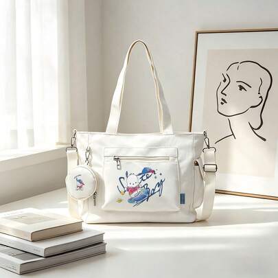 Miniso Bộ 2 túi tote đa năng cỡ lớn in hình ván trượt Sanrio Pochacco màu trắng, kèm ví đựng tiền xu có thể tháo rời, có thể mang theo nhiều cách, lý tưởng cho công việc, du lịch, mua sắm và sử dụng hàng ngày.