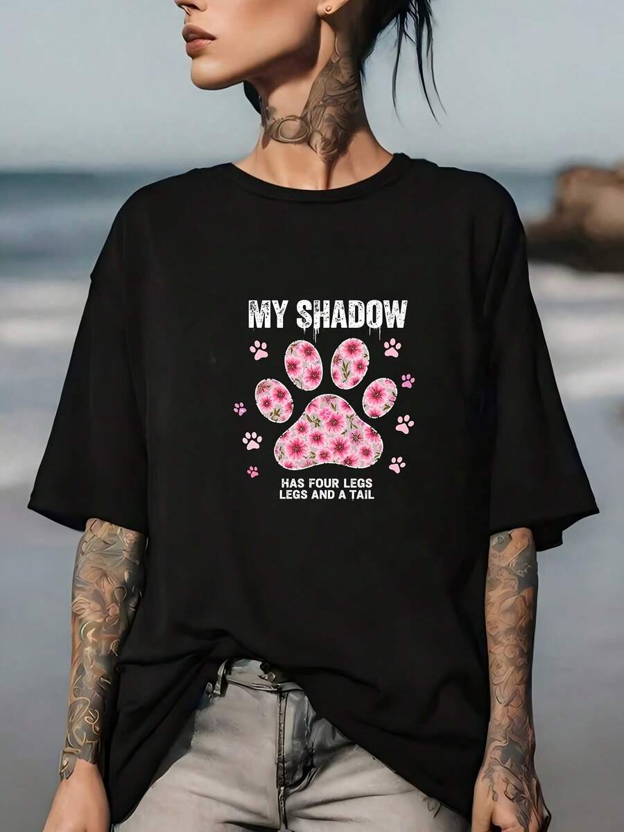 1 camiseta divertida para amantes de perros con el texto "Mi sombra tiene cuatro patas y cola", estilo casual unisex de 180g, regalo perfecto para Pascua y las vacaciones de primavera, adecuada para salidas familiares y actividades de team building. 100% algodón de 180g. - Negro - Ver 1