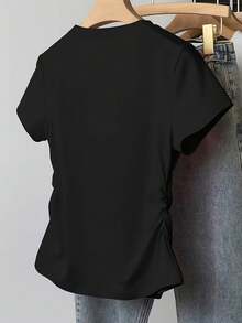 Black Rose Art Print - Y2K Style - Women's Small Size Slim Fit Solid Color T-Shirt, Casual And Sporty Style, With Detailed Pleats At Waist, Round Neck, Short Sleeves, Suitable For Four Seasons. - 黑色 2 - 查看 4