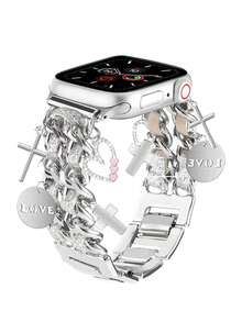 1PC Luxury Silver Multi-Layer Cuban Link AppleWatch Band, Bling Rhinestone Heart & Circle Charm Strap, Compatible With Ultra/SE/11/10/9/8/7/5/4/3/2/1 Series, And Ultra2/Ultra/SE/38/40/41/42/44/45/46/49mm, Fashion Metal Double Chain Heart-Shaped Key Pendant Watch Strap,Can Be Used As A Bracelet Or Wristband As A Gift For Girlfriends, Suitable For Occasions Such As New Year, Christmas, Birthdays, Etc. Band Only, Watch And Case Not Included - Silver - View 7