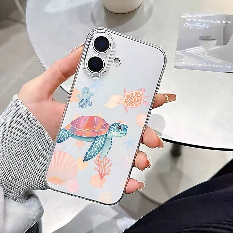 1 pieza Funda de teléfono transparente de TPU con patrón lindo de tortuga marina y concha, a prueba de golpes y huellas dactilares, compatible con iPhone - Multicolor - Ver 1