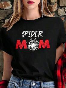 Short-Sleeve White T-Shirt With Funny Phrase "SPIDER MOM" And Red Spider, Dark Aesthetic Spiderweb T-Shirt, Casual Blouse Mother's Day Gift, Halloween Tops And Insect Print Cute Blouses 100% Cotton - 黑色 - 查看 5