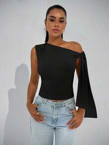 Elegante blusa de mujer con hombros asimétricos y cuello con lazo, adecuada para citas casuales, fiestas nocturnas, uso diario, otoño - Negro - Ver 4