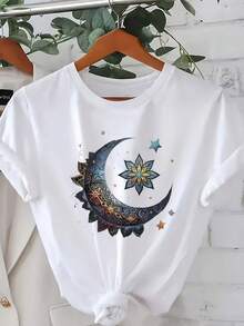 Women's Casual Short Sleeve Sports T-Shirt With Knot And Crescent Moon Design - Elastic Round Neck T-Shirt, Machine Washable, Comfortable Fit And Perfect For All Seasons, For A Modern And Chic Look. - 白色 - 查看 7