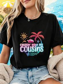 2026 Cruisin' With My Cousins Women's Sun And Palm Tree Letter Print T-Shirt | Casual Short-Sleeve Crew Neck T-Shirt For Spring/Summer, Made With Medium-Stretch Fabric. Women's Short-Sleeve Crew Neck Printed T-Shirt, Local Spring/Summer Streetwear. - 黑色 - 查看 6