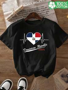 New, Stylish, Crew Neck, Breathable, Casual Short-Sleeve Graphic T-Shirts For Women Featuring Elements Of The Dominican Republic Flag, Perfect For Family Trips, Leisure Days, And Outdoor Activities. 100% Cotton. - 黑色 - 查看 1