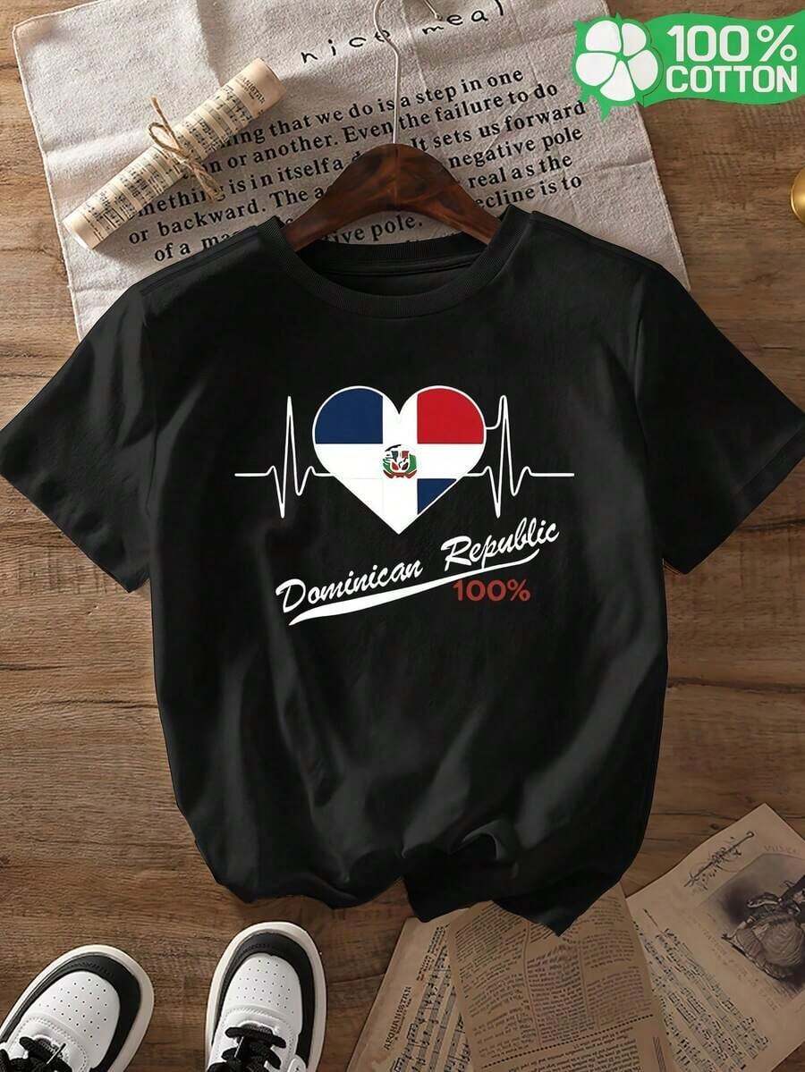 New, Stylish, Crew Neck, Breathable, Casual Short-Sleeve Graphic T-Shirts For Women Featuring Elements Of The Dominican Republic Flag, Perfect For Family Trips, Leisure Days, And Outdoor Activities. 100% Cotton. - 黑色 - 查看 1