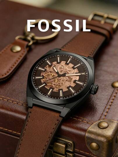 Fossil Everett Automatic Brown LiteHide™ Leather Men's Watch, Skeleton Dial, Brown/Gold Dial, Understated Masculine Style, Fashion Design, Unique Vintage Business, Suitable For Daily Work Attire, Gift For Father's Day, Anniversary, Husband, ME3207