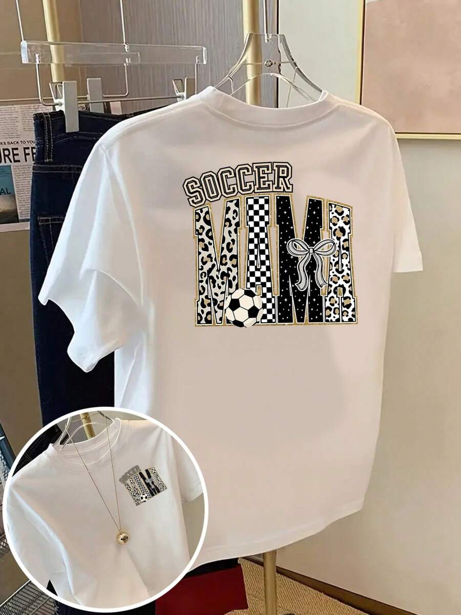 | Exquisite Design | Loose And Comfortable | Easy To Match | Double-Sided Printed T-Shirt With "Soccer Mom" Print, Round Neck, Short Sleeves, Casual Style For Women, With Soft-Touch Fabric, Classic Design For Spring And Summer, A Must-Have Fashion Item For Women. - 白色 - 查看 1