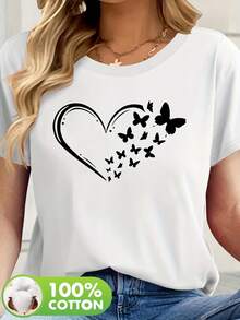 Camiseta de Verano Premium para Mujer, Estampado de Mariposas, 100% Algodón, Manga Corta, Cuello Redondo, Estilo Casual Básico, Lavable a Máquina 79294 - Blanco - Ver 1