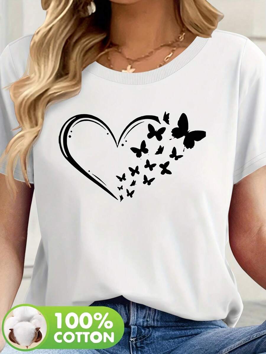 Camiseta de Verano Premium para Mujer, Estampado de Mariposas, 100% Algodón, Manga Corta, Cuello Redondo, Estilo Casual Básico, Lavable a Máquina 79294 - Blanco - Ver 1