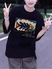 Women's T-Shirt With Simple And Versatile Y2K Style Design With Fishbone Pattern - Casual Short Sleeve T-Shirt 100% Cotton, Blue And Brown Geometric Print, Loose H-Shaped Fit For Spring, Summer And Autumn - Elegant Casual Garment And Impactful Artistic Piece. - 黑色 - 查看 6