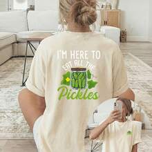 Camiseta de Verano Premium Estampada para Mujer [Estampado a Doble Cara], Camiseta de Manga Corta con Cuello Redondo, Estampado de Pepinillo Verde y Texto, Lavable a Máquina, Adecuada para Uso Casual, Ropa Multiusos, Camiseta Moderna y a la Moda, Material Cómodo, para Entusiastas del Estilo. - Albaricoque - Ver 6