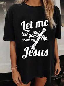 Women's Oversized Loose Fit Letter Print T-Shirt - Casual Polyester Crew Neck, All-Season Comfort, Festive Holiday Top, 1 Piece, Crew Neck, 100% Cotton, Soft Fabric, Short Sleeve - 黑色 - 查看 1