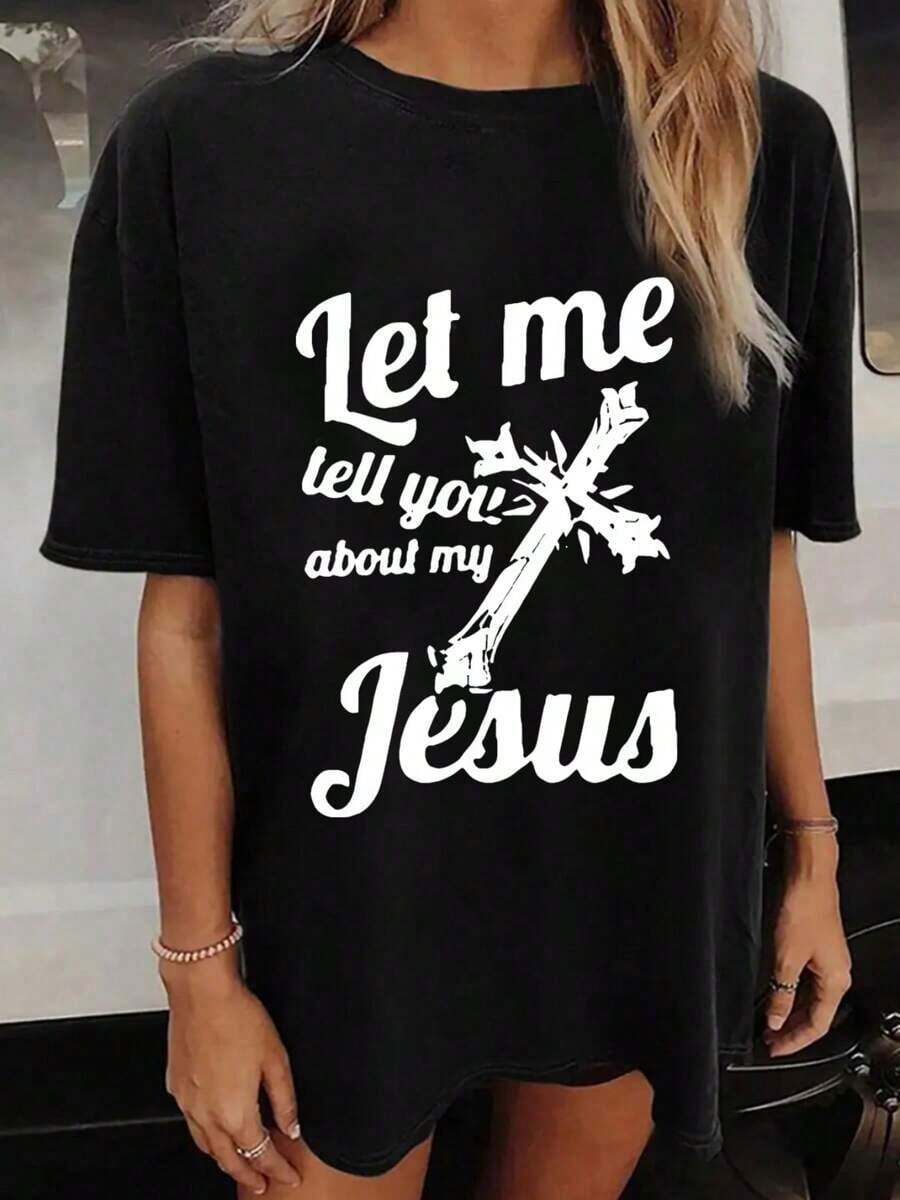 Women's Oversized Loose Fit Letter Print T-Shirt - Casual Polyester Crew Neck, All-Season Comfort, Festive Holiday Top, 1 Piece, Crew Neck, 100% Cotton, Soft Fabric, Short Sleeve - 黑色 - 查看 1