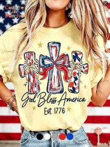 American 250th Anniversary Celebration Apparel Graphic Tees Round Neck T-Shirt, "God Bless America" T-Shirt, USA 250th Anniversary Birthday Gift T-Shi - 黃色 - 查看 1