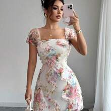 Nuevo vestido de tirantes ajustado con volantes y estampado floral retro de tipo pixelado, elegante y bonito, para primavera/verano - Multicolor - Ver 2