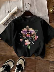 Limited Time Offer, Limited Quantities, Flash ! Women's Casual Shirts, Women's Polyester T-Shirts, Elegant Shirts. Blooming Butterfly Orchid Print T-Shirt, Short Sleeves, Round Neck, Women's Casual Wear - 黑色 - 查看 1